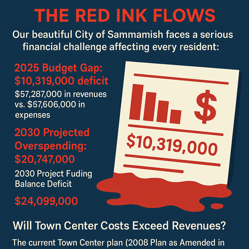 Infographic titled 'The Red Ink Flows' highlighting Sammamish’s financial crisis. It shows a budget gap of $10,319,000 in 2025 with $57,287,000 in revenues versus $67,606,000 in expenses. Projected overspending in 2030 is $20,747,000 with a total funding balance deficit of $24,099,000. The background includes a graphic of a financial report splattered with red ink and a declining bar chart with a dollar sign. Text at the bottom questions whether Town Center costs will exceed revenues.