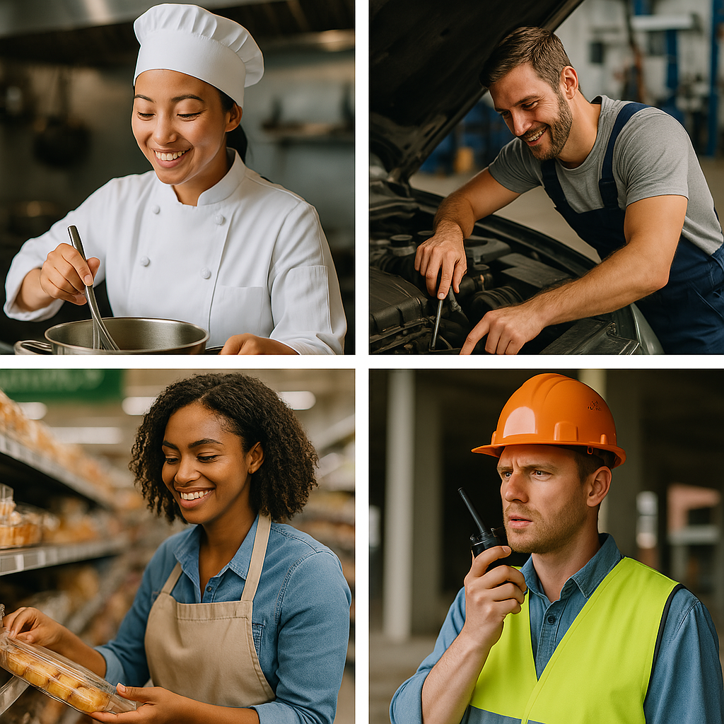  2x2 grid collage showing four professionals at work: a smiling chef stirring food in a commercial kitchen, an auto mechanic focused on repairing a car, a grocery store clerk arranging pastries on a display, and a construction worker in a safety vest using a handheld radio at a job site. Each scene captures realistic details and diverse work environments.