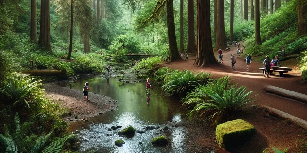 A scenic wooded park in the Pacific Northwest, featuring tall evergreen trees, lush ferns, and moss-covered rocks. A gentle creek winds through the park.